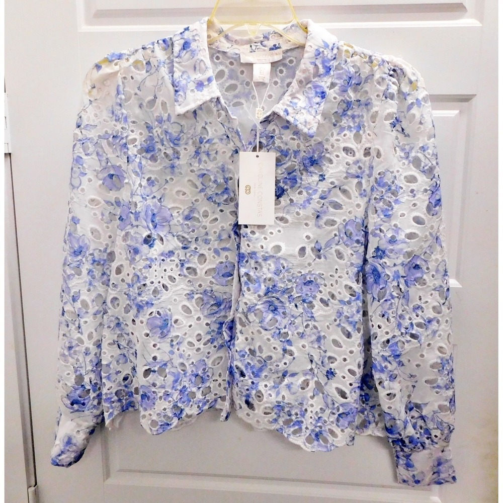 Caroline Constas Onira Blue Floral Eyelet Button Down Shirt Size L‎ NWT